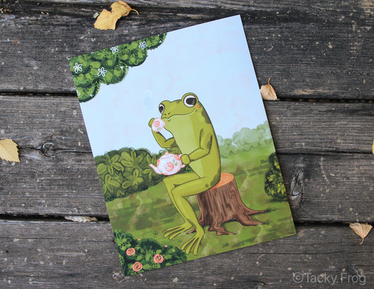 A view of the entire tea drinking frog art print.