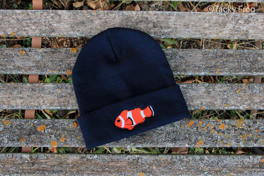Another view of the navy-colored clownfish beanie.