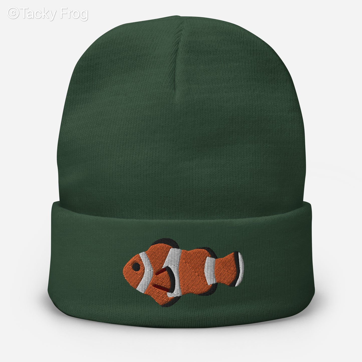 A mockup of the clownfish beanie in dark green.