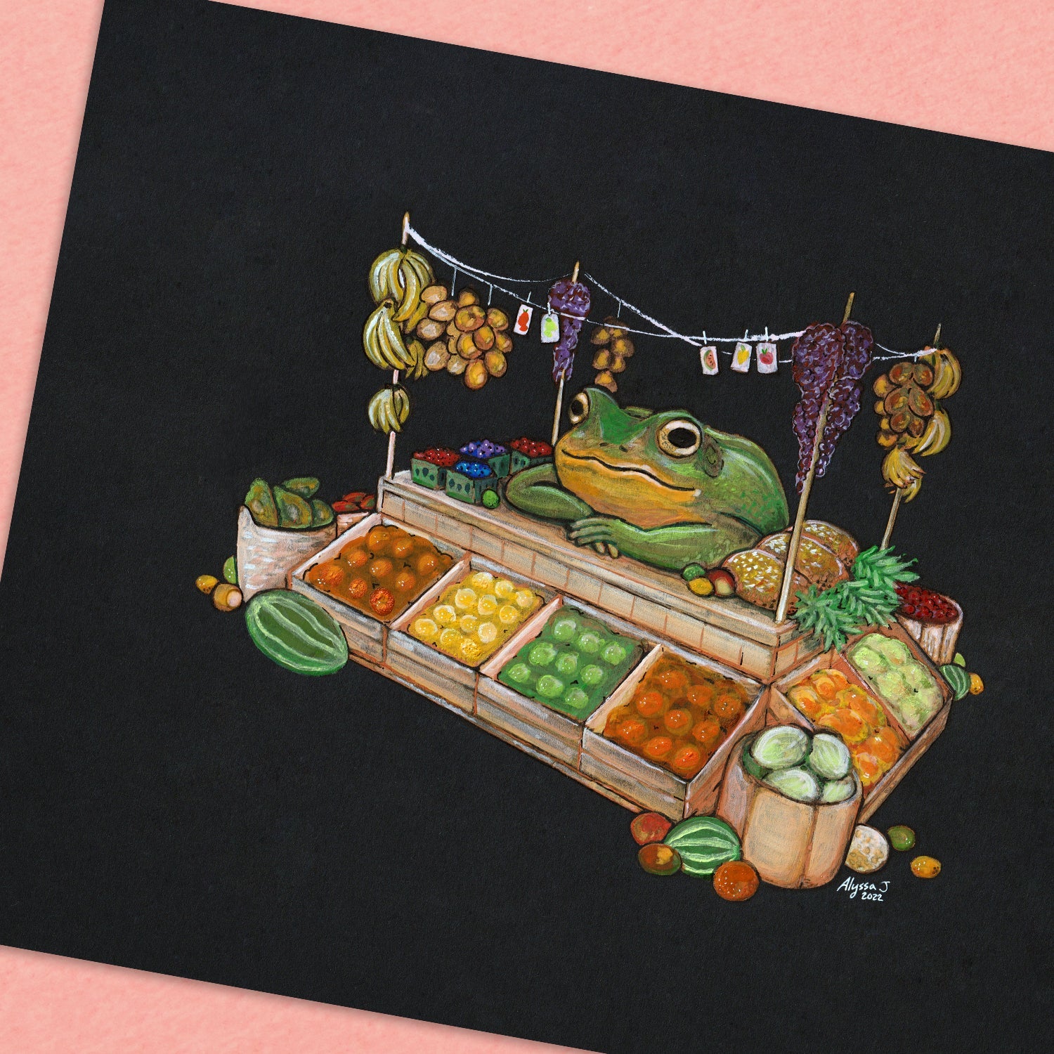 A painting of a frog operating a fruit stand.