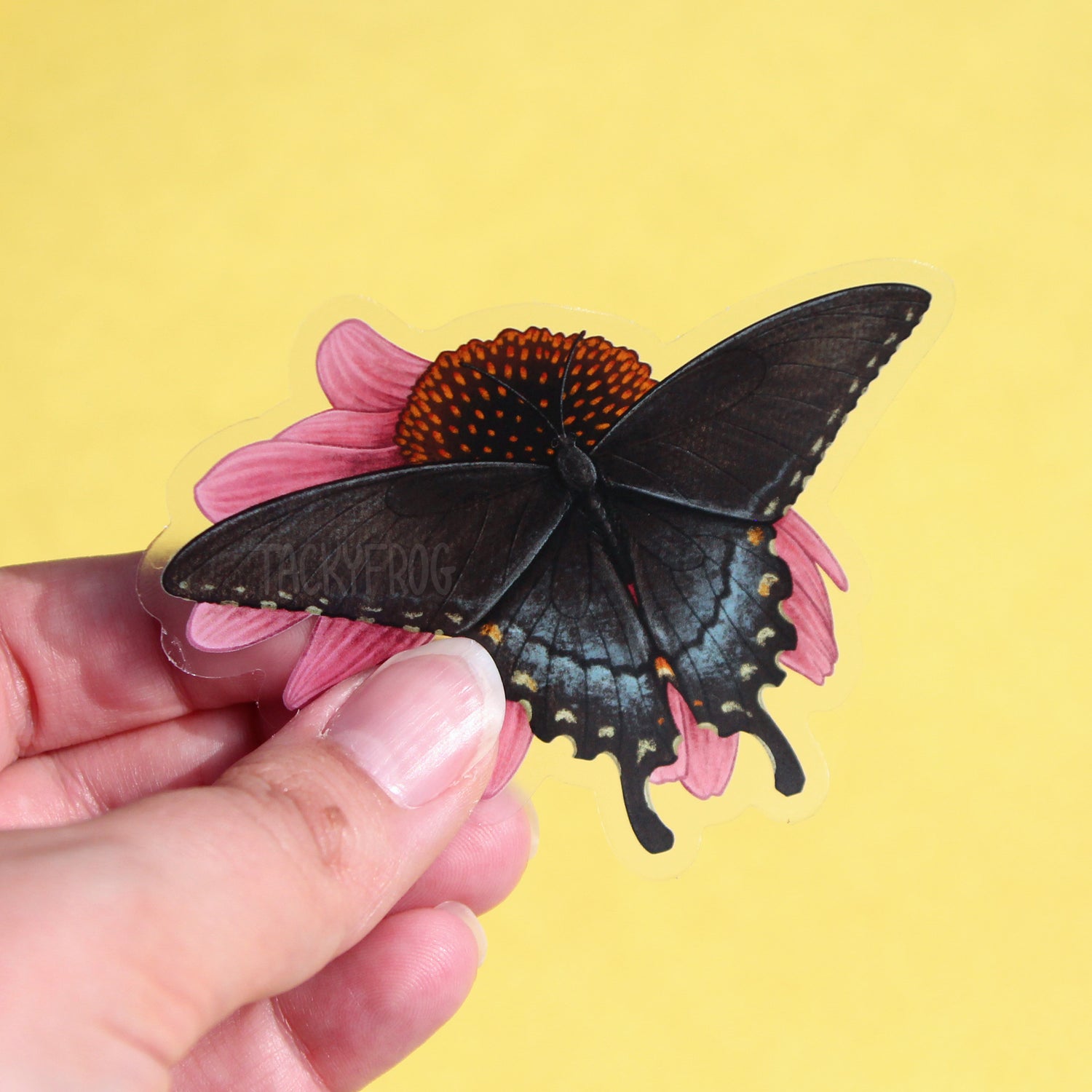 A clear vinyl sticker of a black swallowtail butterfly on a pink coneflower.