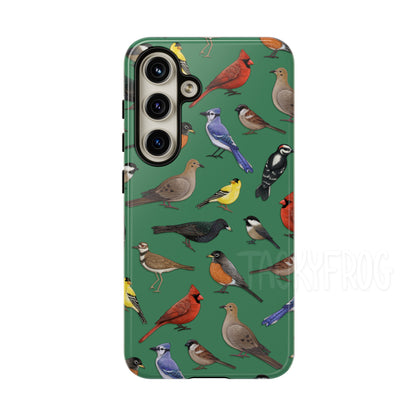 A mockup of the bird phone case. The pattern was shifted for this model to accommodate the different camera position.