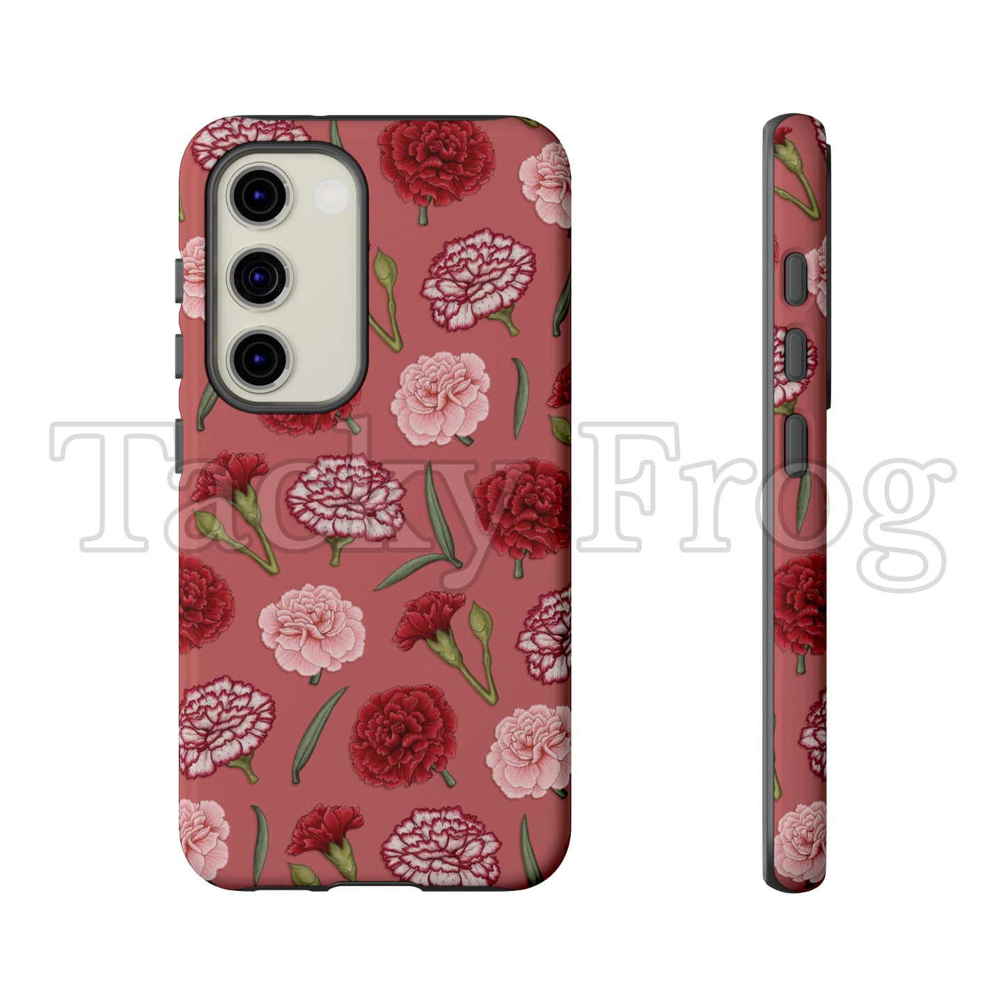 A mockup of the red and pink carnation phone case.