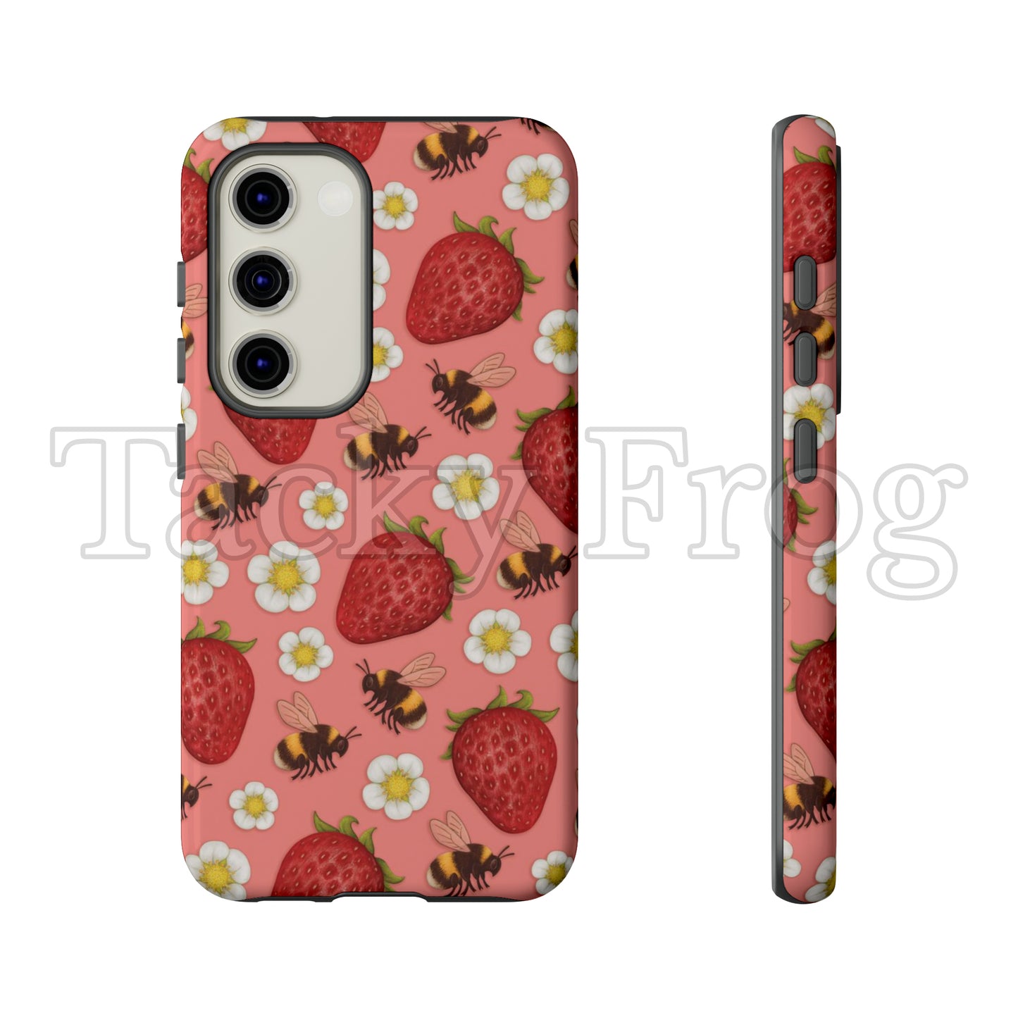 A mockup of the strawberries and bees phone case.