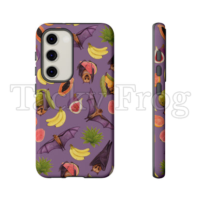 A mockup of the purple fruit bats and fruit patterned phone case.