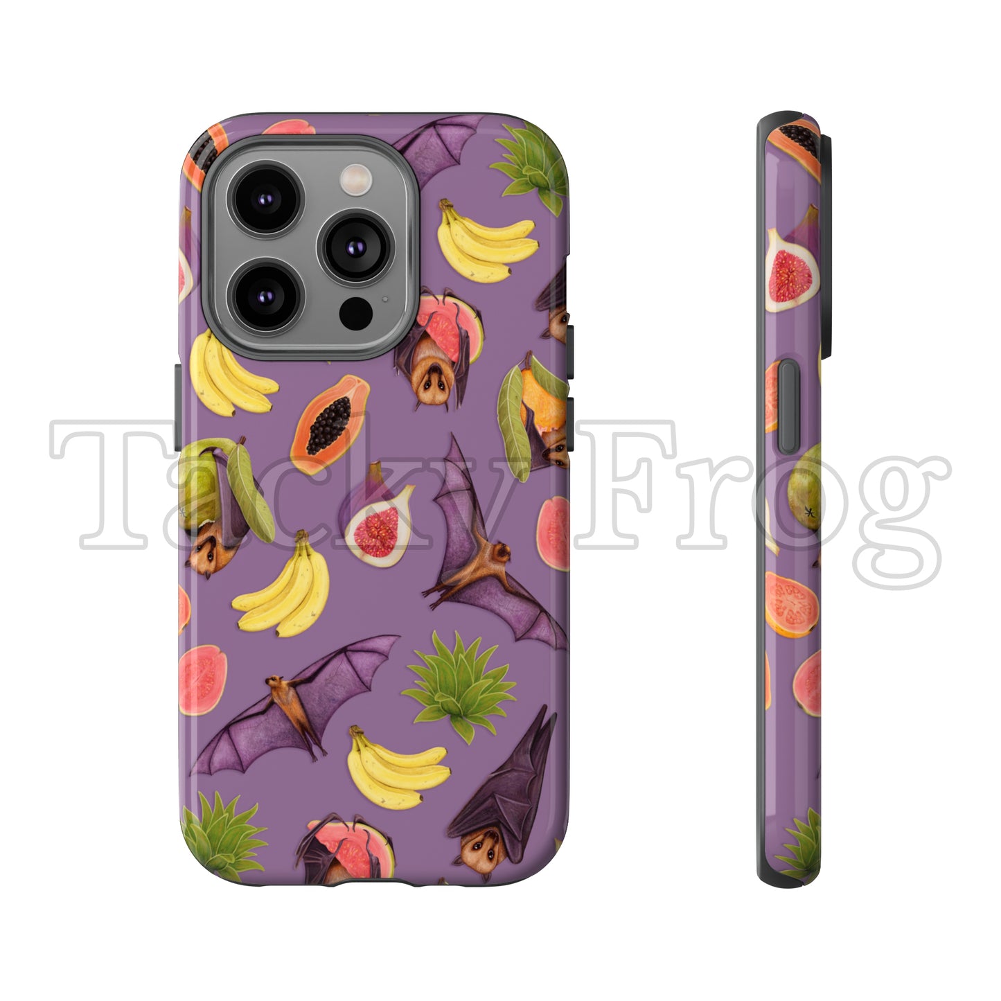 A mockup of the purple fruit bats and fruit patterned phone case.