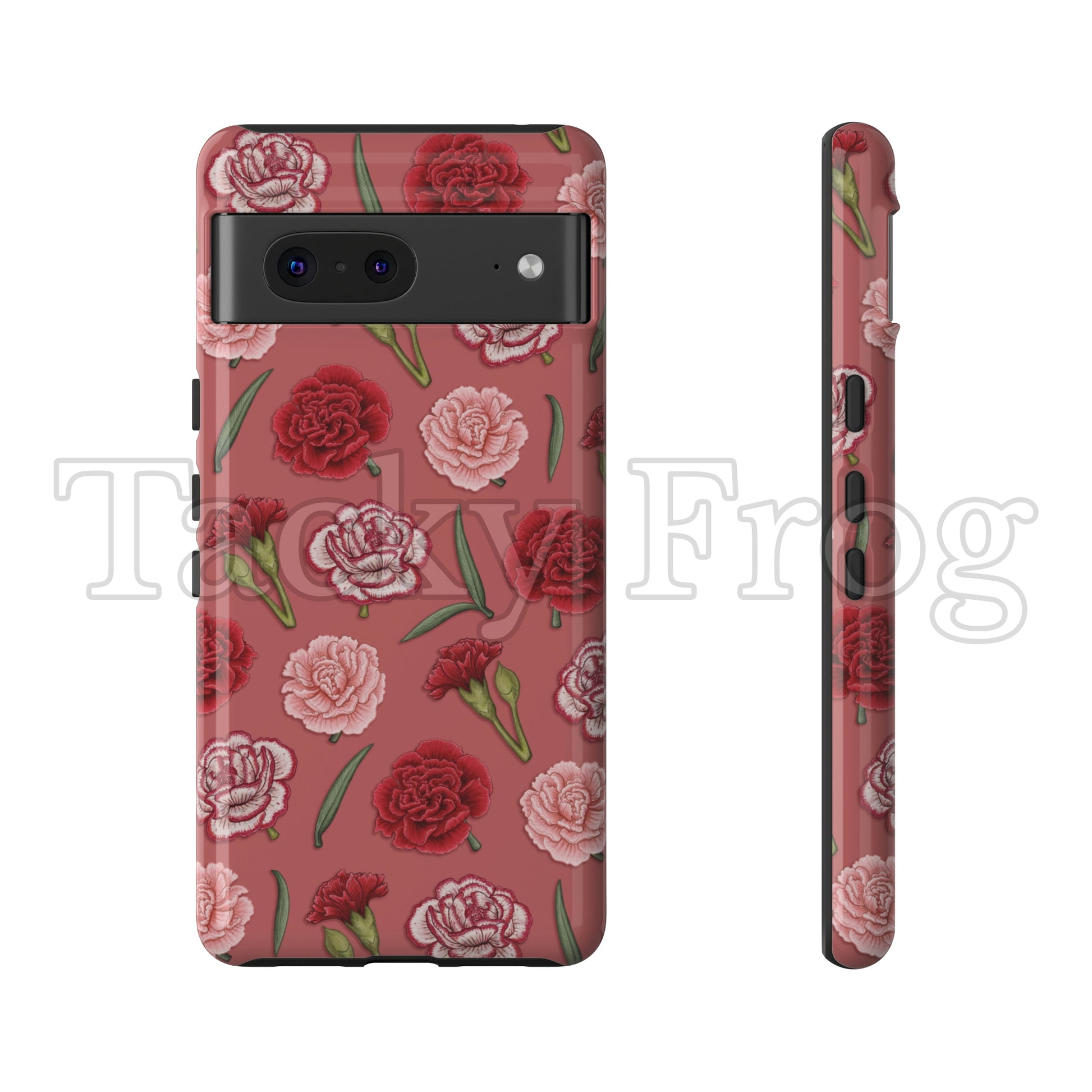 A mockup of the red and pink carnation phone case.