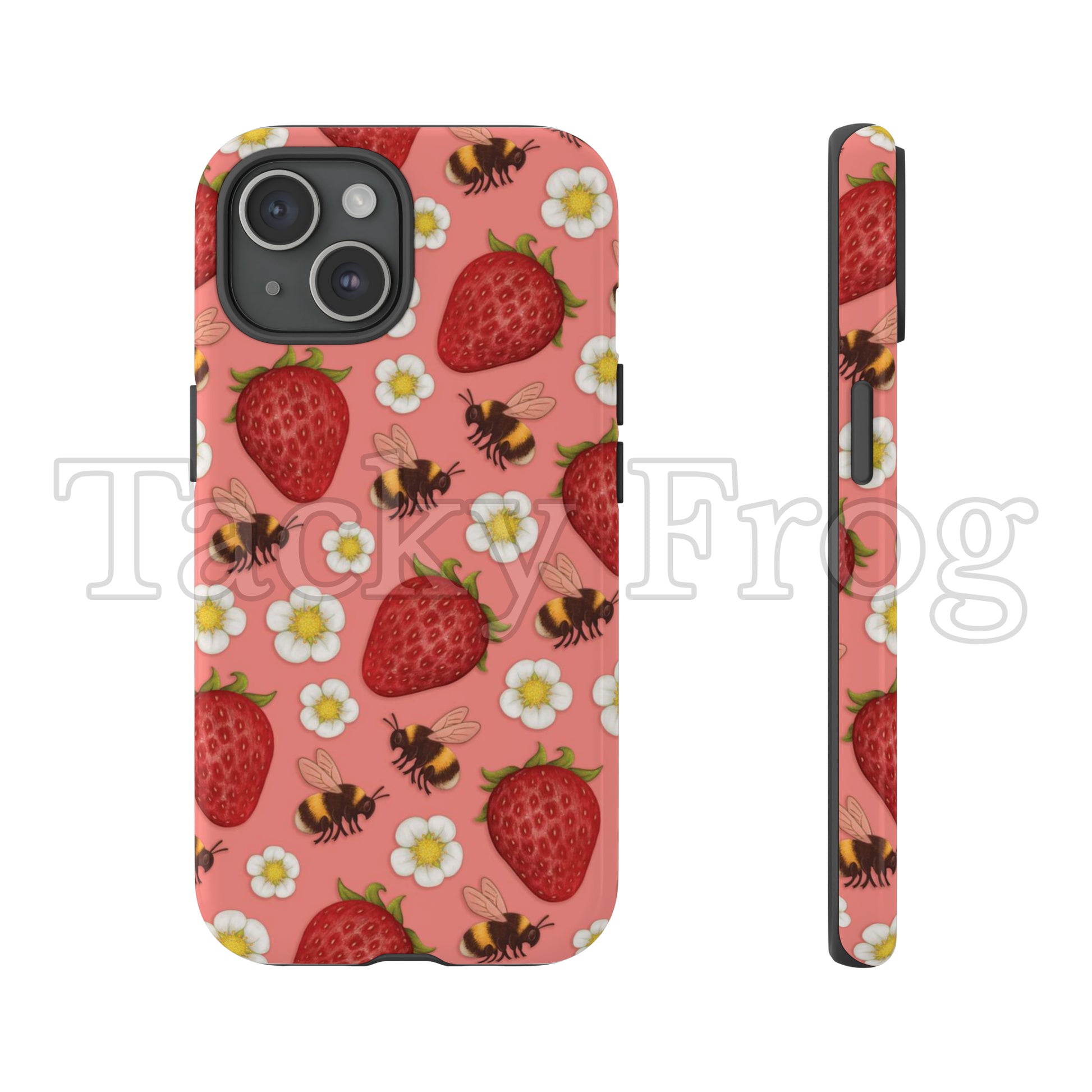 A mockup of the strawberries and bees phone case.