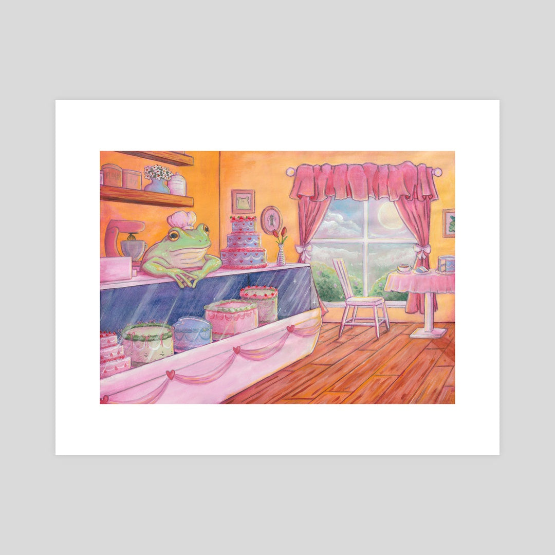 An art print depicting a frog behind the counter in a cute cake shop.