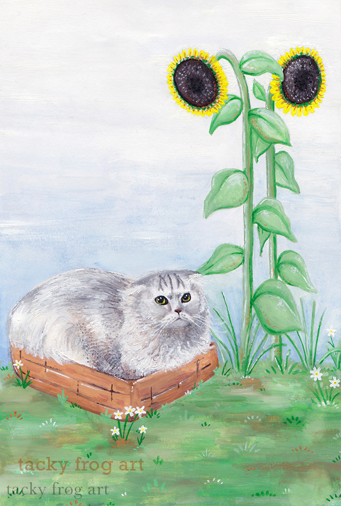 a gouache painting of a grey cat in a basket next to a stalk of sunflowers