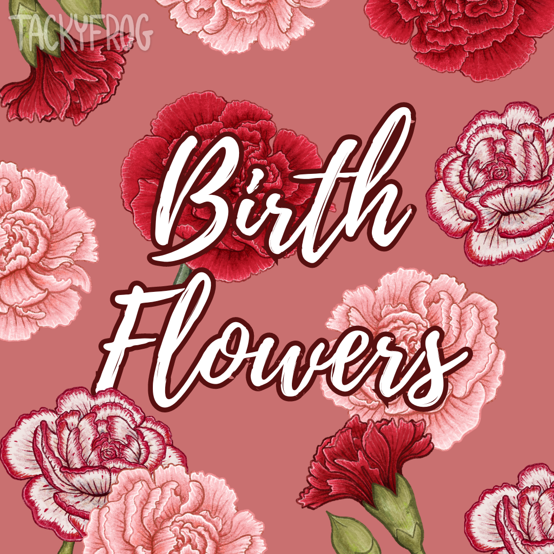 Digital drawings of red and white carnations surrounding stylized text that reads "Birth Flowers"