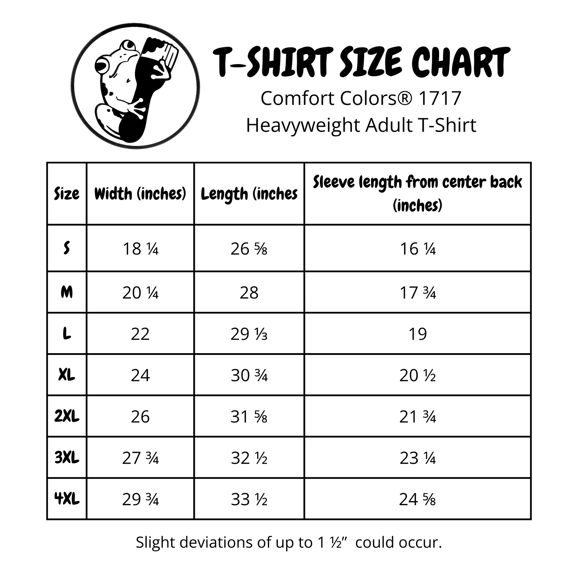 Size chart for Comfort Colors 1717 t-shirts. The measurements can also be found in the product description.