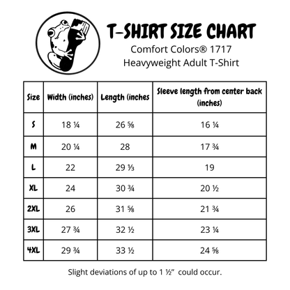 Size chart for Comfort Colors 1717 t-shirts. The measurements can also be found in the product description.