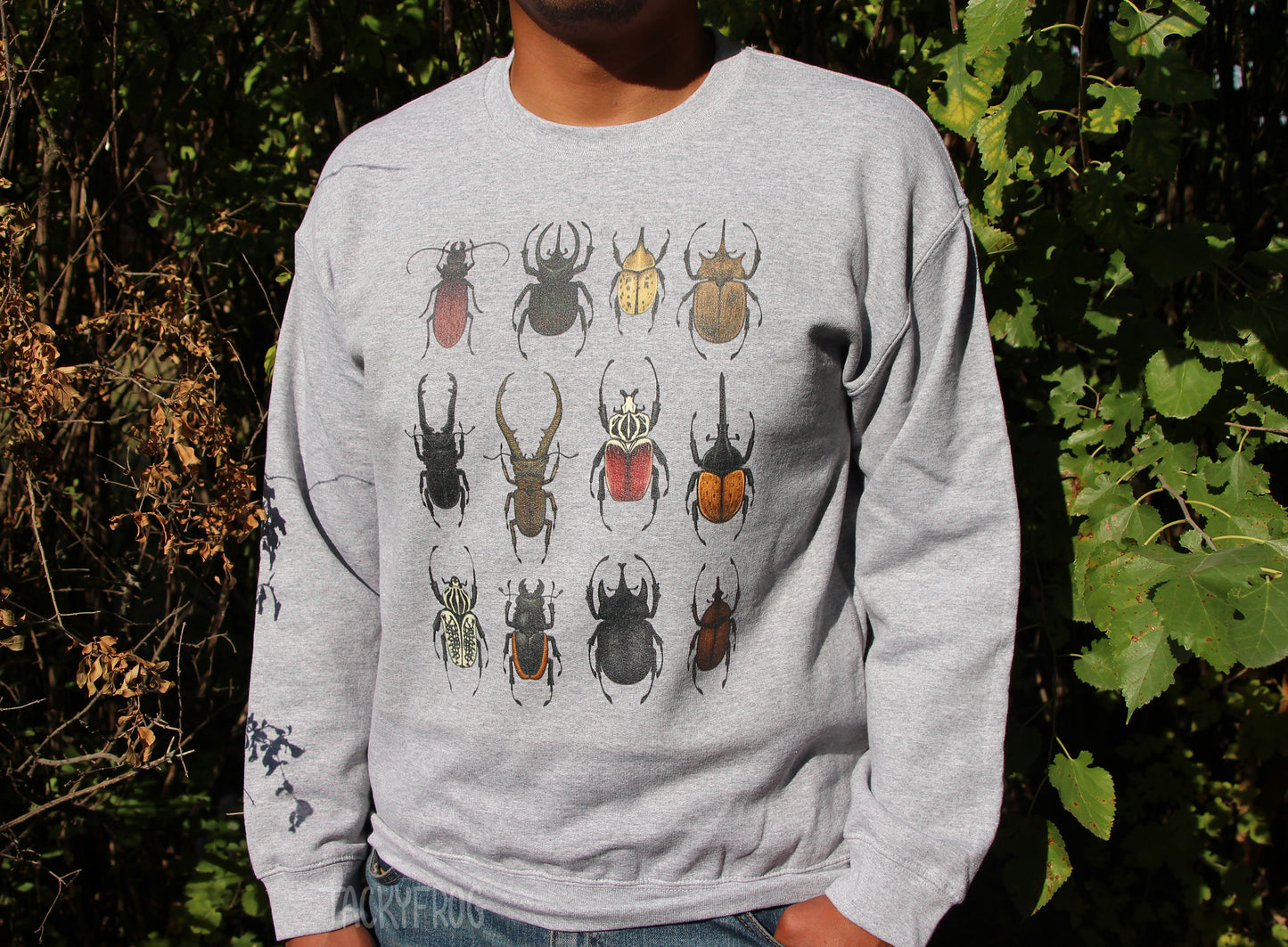 Another view of the beetle sweatshirt in the "sport grey" color.