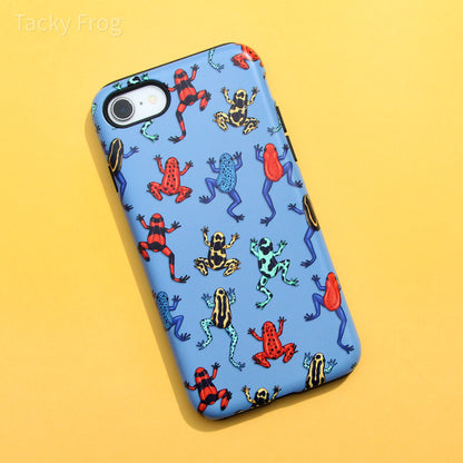 A blue phone case featuring a pattern of various dart frogs.