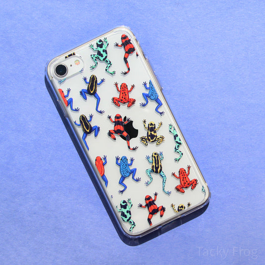 A clear phone case with a colorful dart frog pattern on it. It is shown on a white iPhone SE.