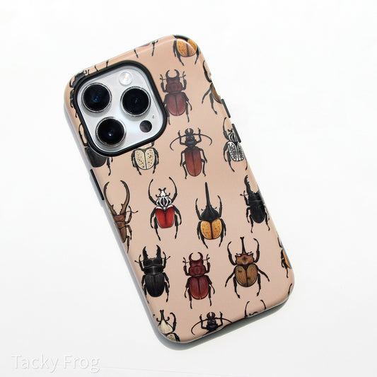 A light brown phone case that features a pattern of various beetles. Stag beetles, Hercules beetles, Goliath beetles, titan beetles, and more are included.