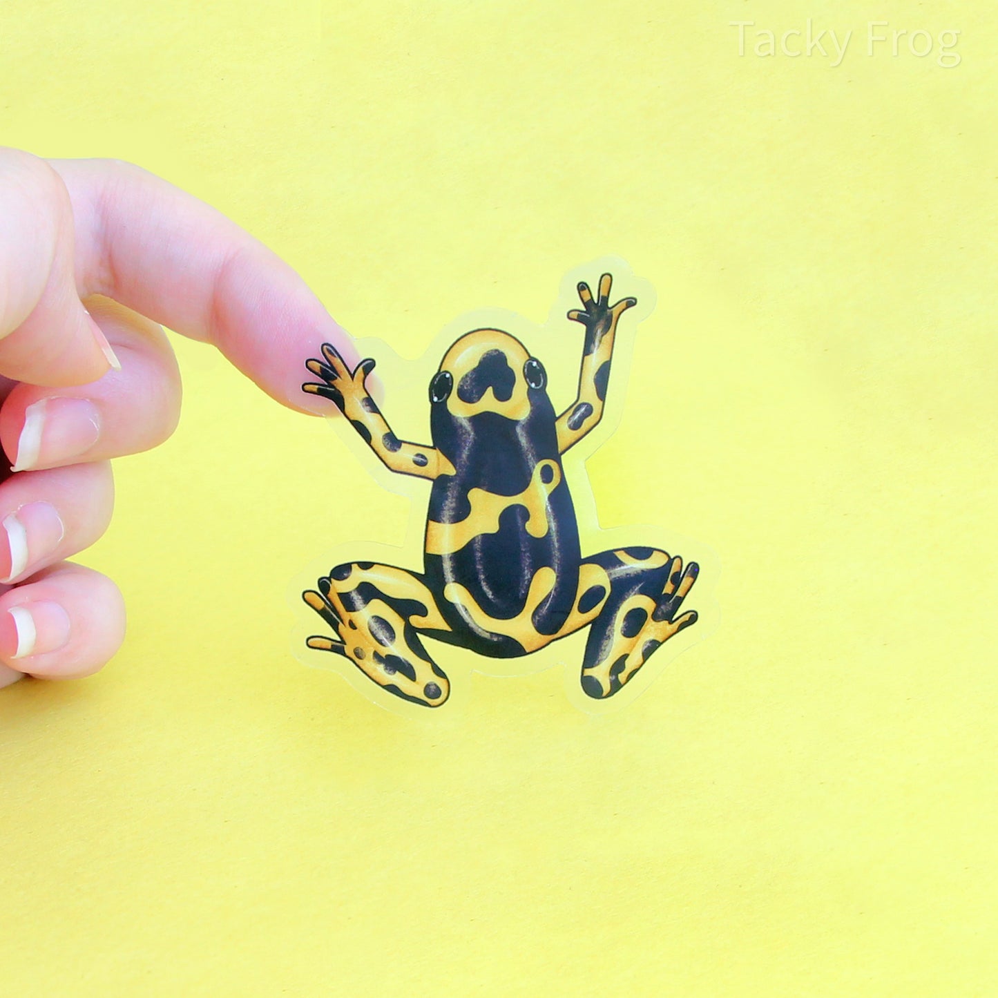 A clear vinyl sticker of a yellow dart frog, one of the smaller stickers in the set. It is roughly 2.35 by 2.50 inches.