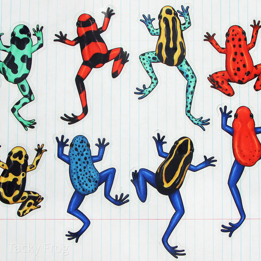 Eight different dart frog stickers placed on a notebook page. The image is cropped, so some of the stickers cannot be seen in their entirety here.