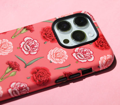 A closeup of the details on the red and pink carnations phone case.