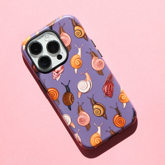 A purple phone case featuring a pattern of various land and sea snails.