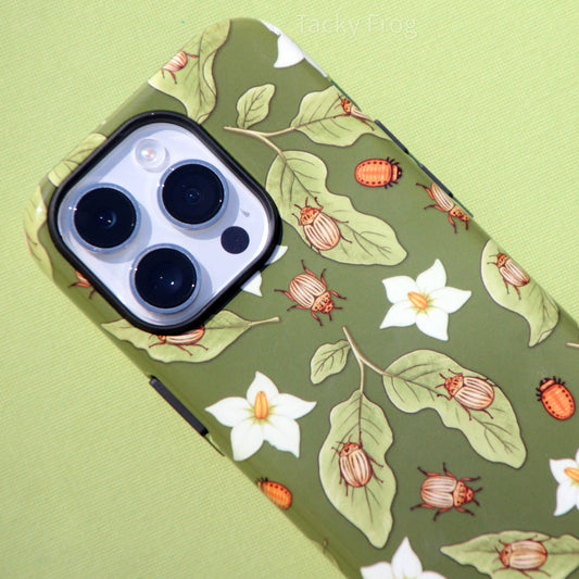 A close up of the potato beetle phone case. The pattern features illustrations of potato beetles, their larvae, and potato plant leaves and flowers.