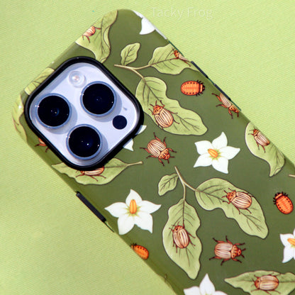A close up of the potato beetle phone case. The pattern features illustrations of potato beetles, their larvae, and potato plant leaves and flowers.