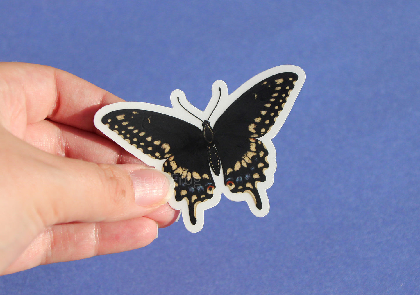 The black swallowtail clear vinyl sticker with the white paper backing still on.