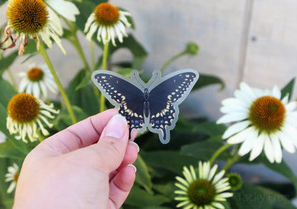 The black swallowtail clear vinyl sticker held over some white flowers.