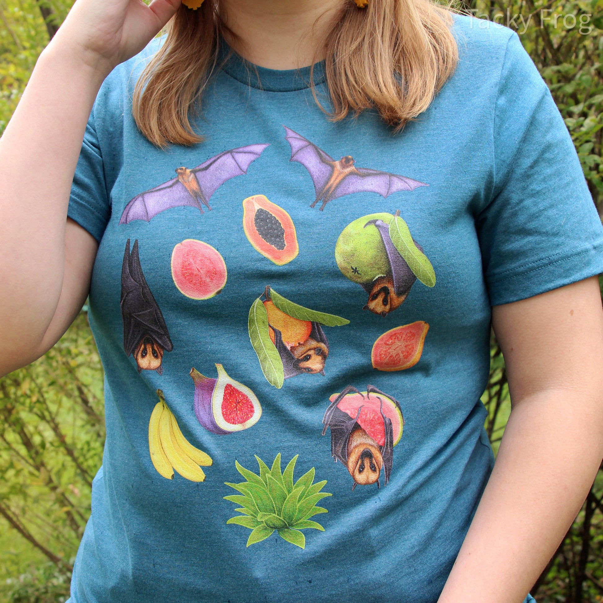 Another view of the fruit bat t-shirt.