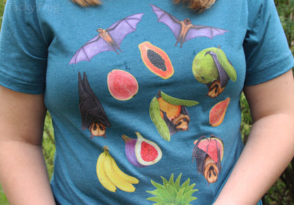 A closeup of the design on the fruit bat t-shirt. It was lightly raining when the pictures were taken, which is why there are some dark splatters on the t-shirt.