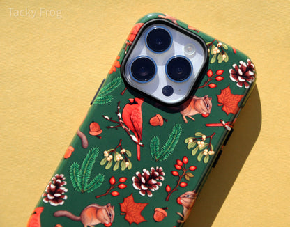 A close up of the pattern on the winter nature hike-inspired phone case.