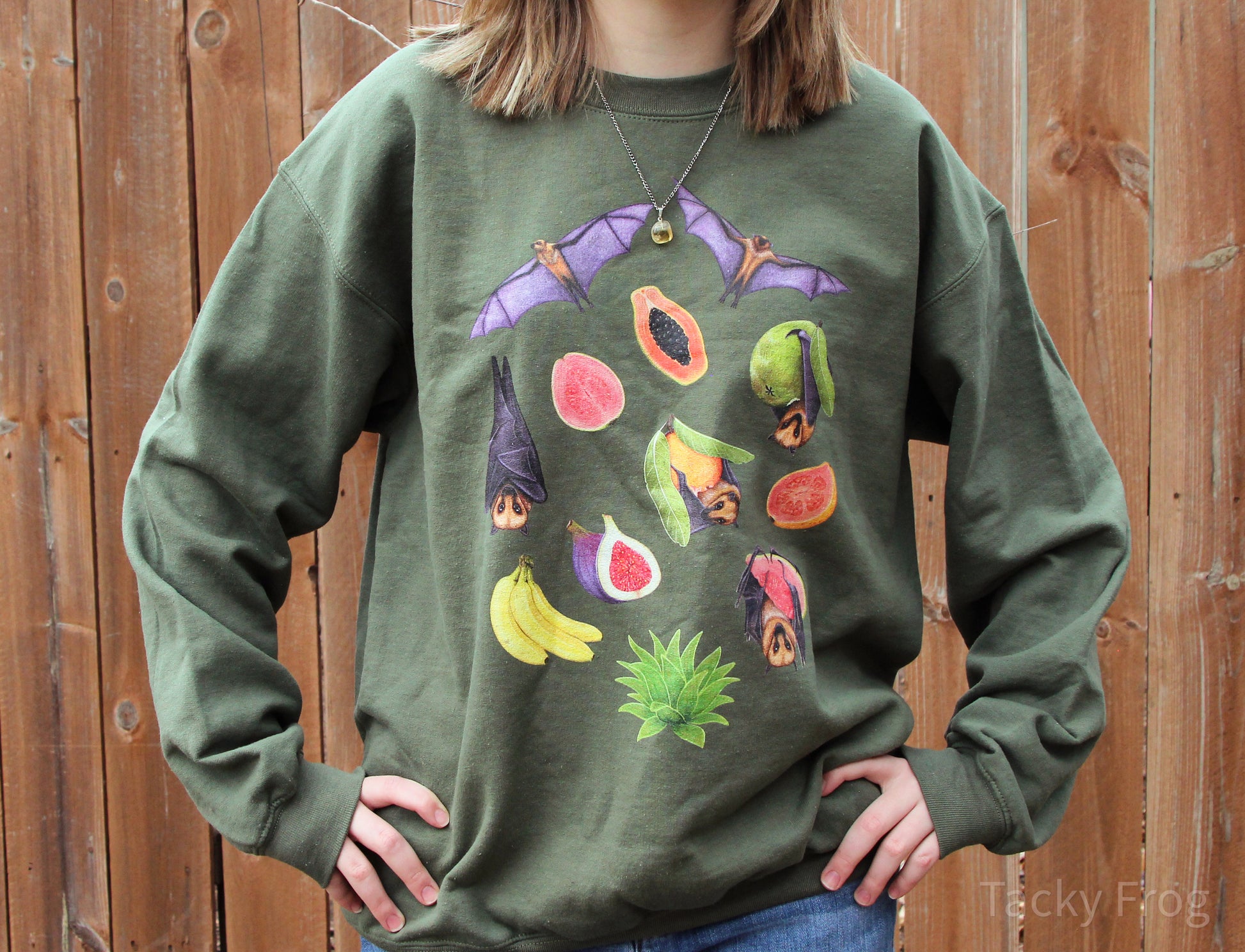 Another view of the fruit bat unisex sweatshirt in "military green".