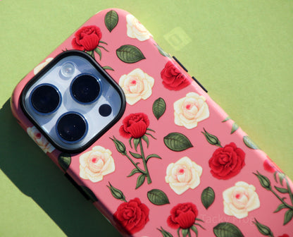 A  closeup of the details on the rose-patterned phone case.