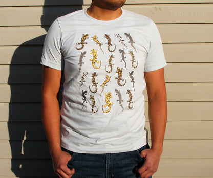 Another view of a man wearing the salamander t-shirt.