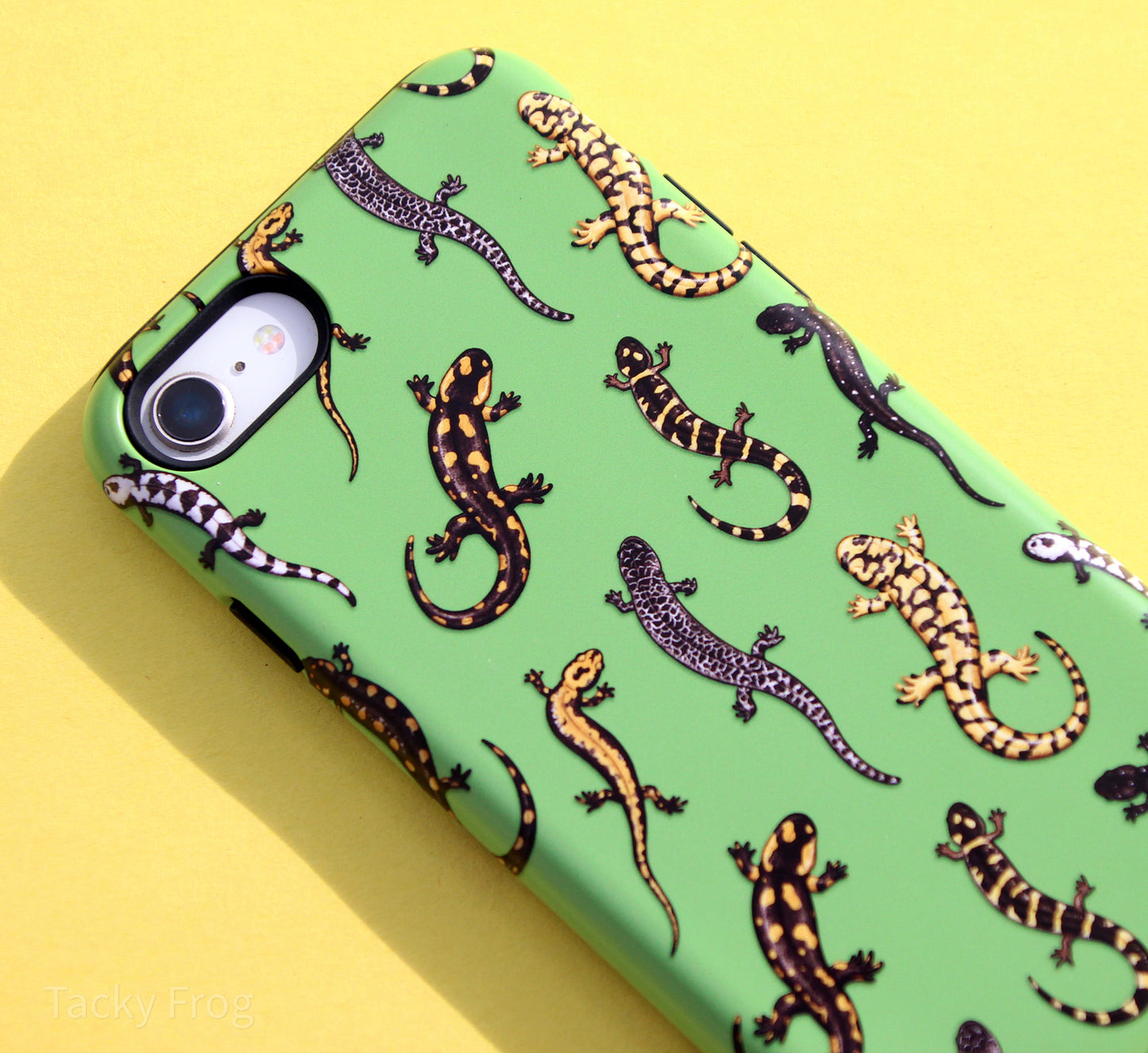 A closeup of the salamander pattern on the phone case.