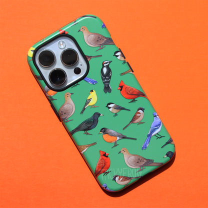 A green phone case featuring a pattern of various birds that can be found in North America, including the cardinal, blue jay, goldfinch, and American robin.