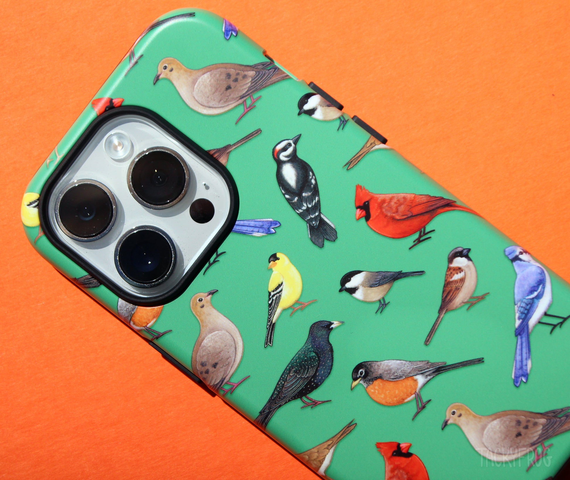 A close up of the details on the bird phone case. The inner layer of the phone case is black, and it can be seen around the camera, buttons, and ports.