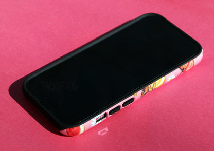 The hungry monarch butterfly case shown screen-side up. The inner layer of the case is solid black and is visible around the buttons and edges.