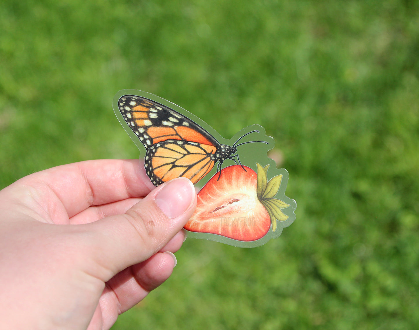 The monarch butterfly on strawberry sticker held in front of the grass.