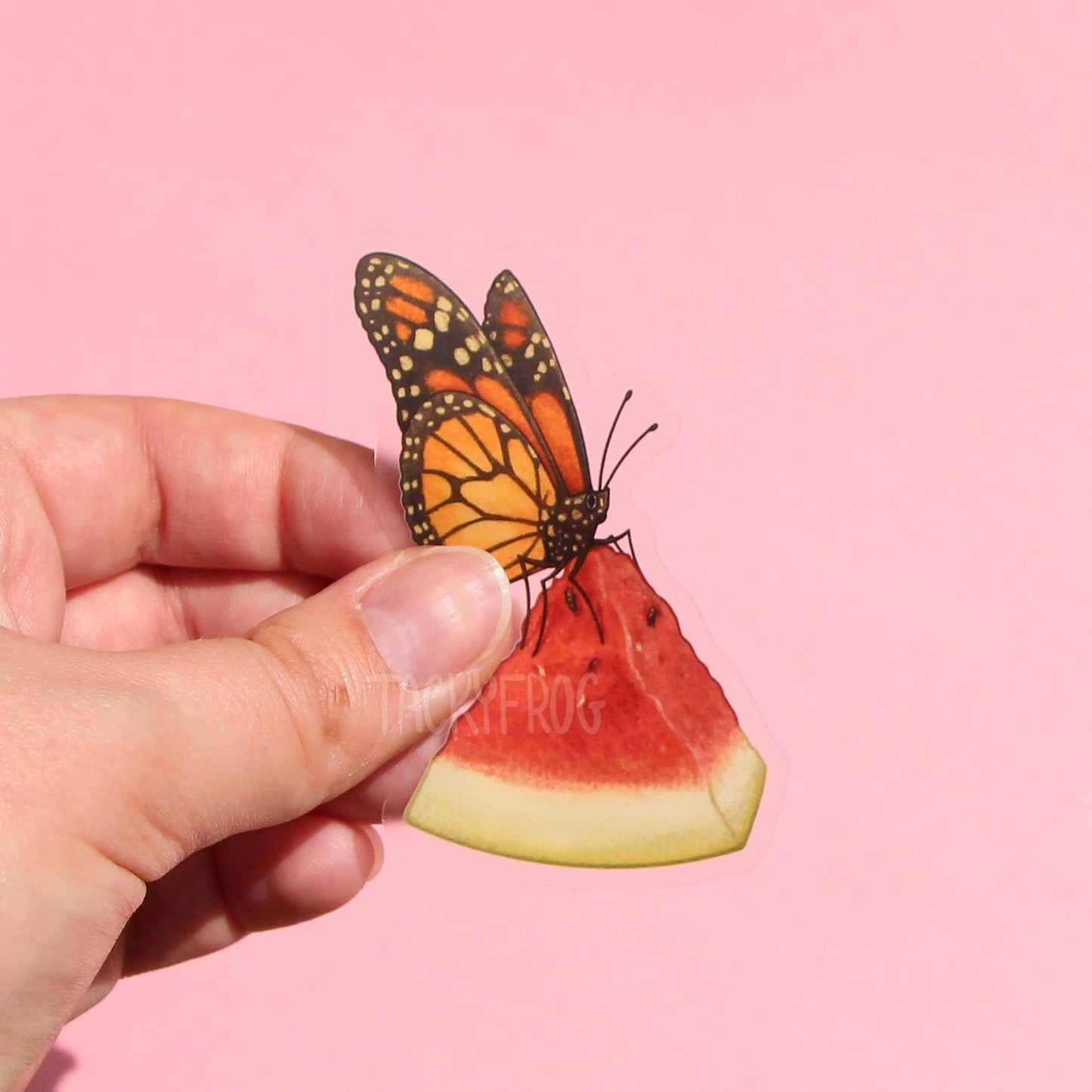 A clear vinyl sticker of a monarch butterfly on a watermelon slice.