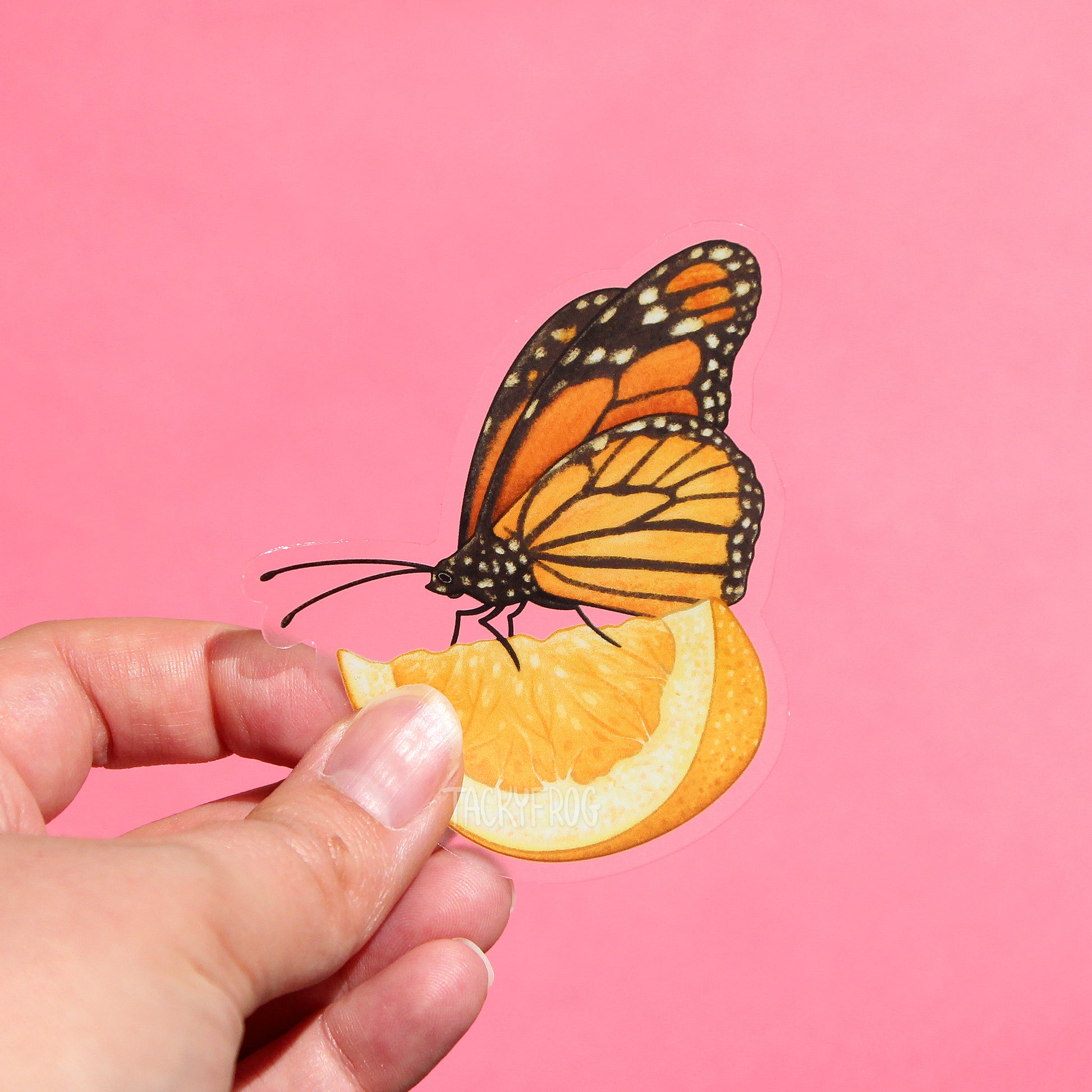 A clear vinyl sticker of a monarch on a lemon slice.