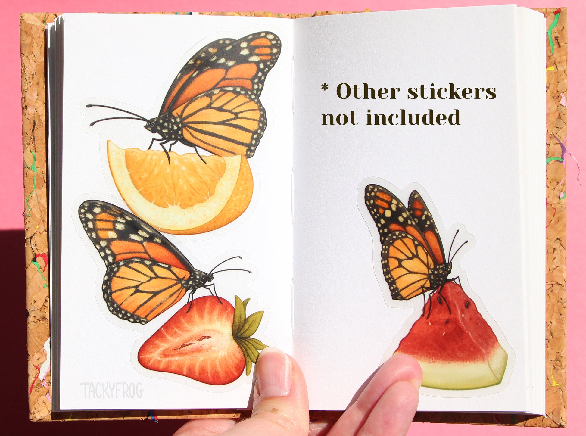 Three monarch butterfly on fruit slices stickers (strawberry, lemon, and watermelon). The strawberry and lemon monarch stickers are not included with this listing.