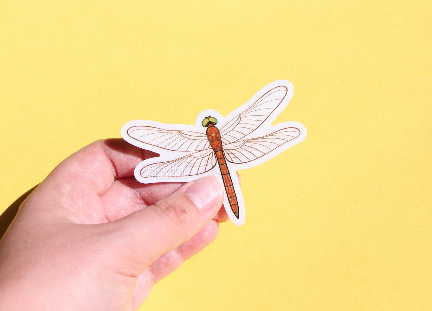 The orange dragonfly clear vinyl sticker with the white paper backing still on.