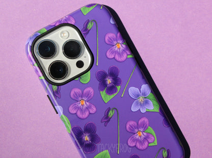 A closeup of the details on the violet-patterned case.