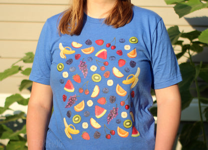 Another view of the blue fruit salad-inspired t-shirt.