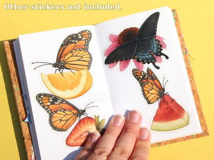 A selection of "hungry butterfly" stickers which feature butterflies perched on food sources such as fruit and flowers. The other stickers are sold separately.