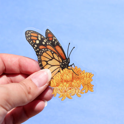 A clear vinyl sticker of a monarch butterfly on orange milkweed.