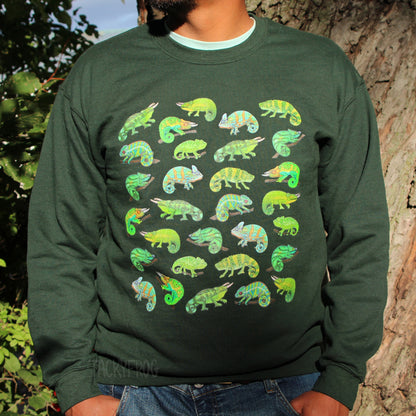 A man wearing a green sweatshirt featuring a design of various chameleons.