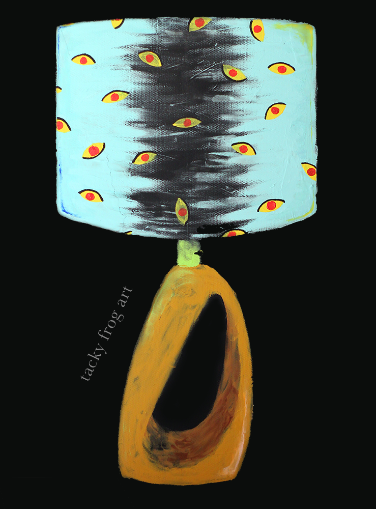 a painting of a retro-inspired lamp with a golden brown base and a light blue shade with an eye pattern on it.